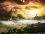 picturesque landscape background with cross in sky picturesque landscape background with cross in sky