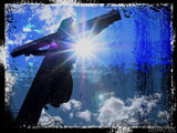 vintage cross and light on a blue background vintage cross and light on a blue background