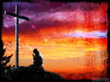 easter vintage sunset cross and man praying orange background easter vintage sunset cross and man praying orange background