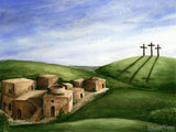 easter illustration three cross in background of jerusalam