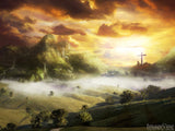 picturesque landscape background with cross in sky