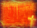 red stained parchment with a glowing cross