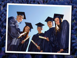 five graduates in framed photo with diplomas 