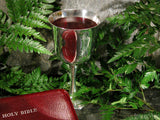 silver communion cup and bible