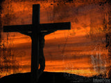 sunset crucifix on orange grunge background